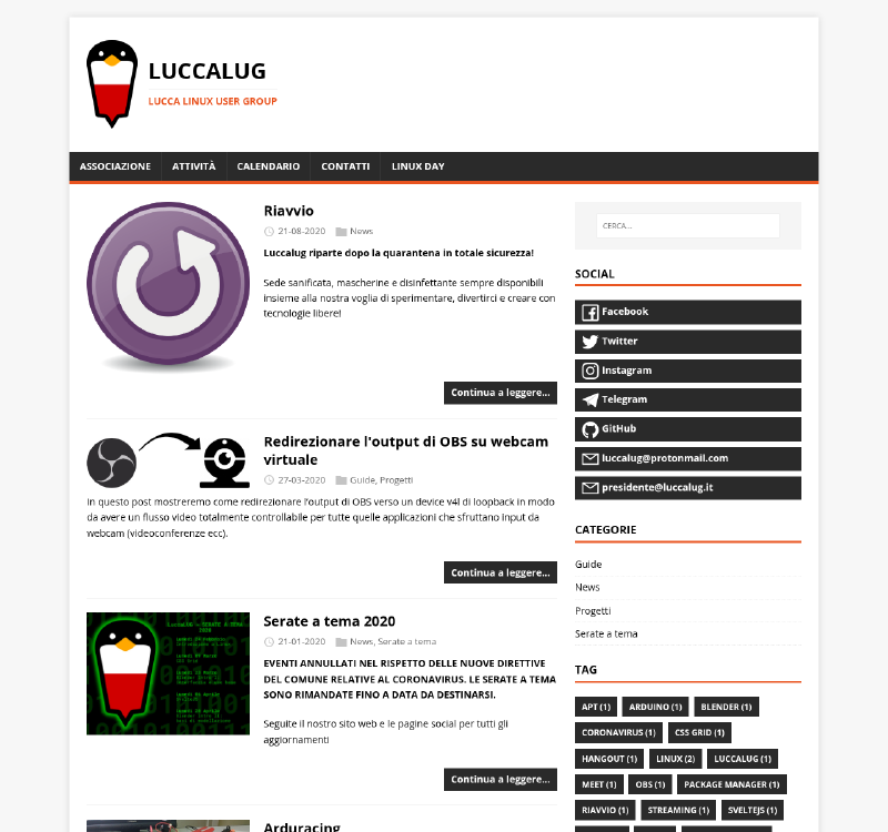 Homepage del LuccaLUG in versione Hugo con tema Mainroad, anno 2022
