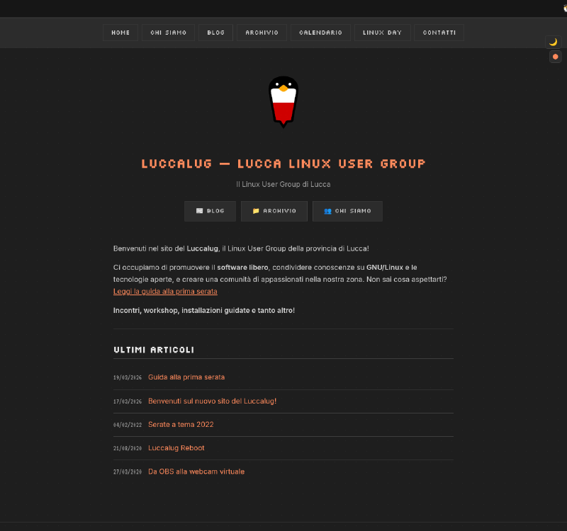 Homepage del nuovo sito del LuccaLUG, 2026, in tema scuro retro